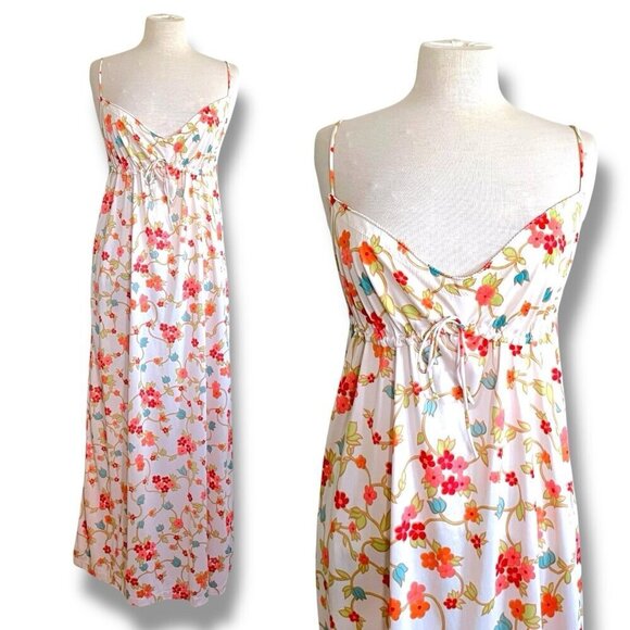 Vintage 1970s Kayser Womens Nightgown Sz Medium Cream Floral Nylon Maxi Gown - Picture 1 of 12